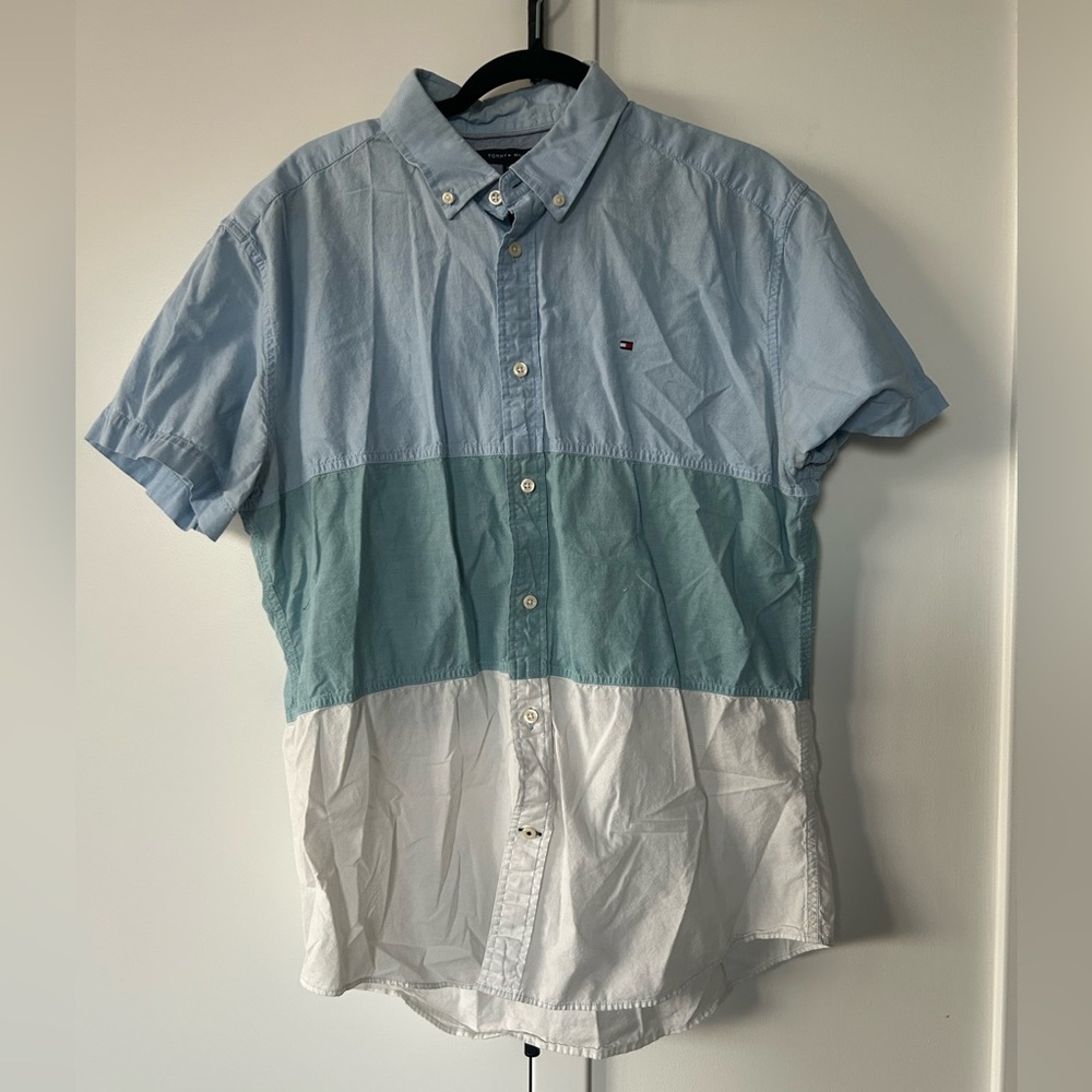 Tommy Hilfiger Light Blue, Teal & White Colorblock Short Sleeve Button-Up Shirt